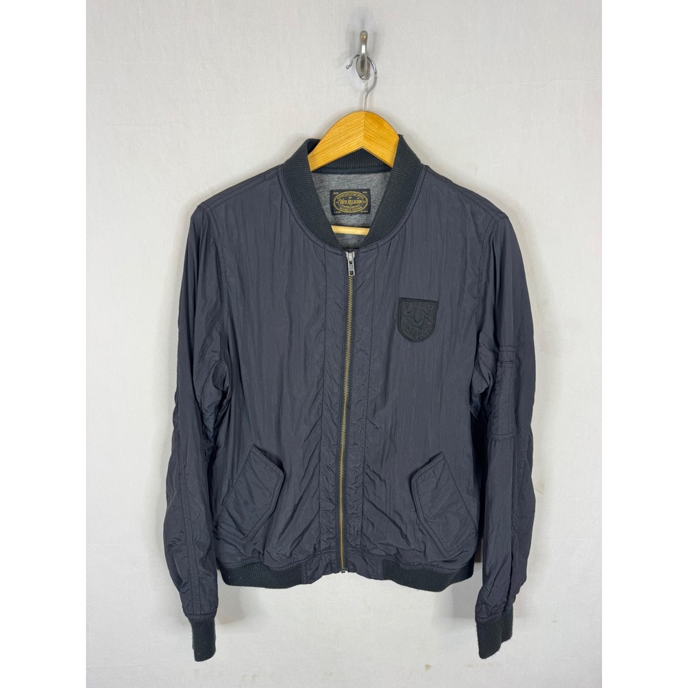 True Religion Mens M Black Nylon Bomber Jacket Zip Up Horseshoe Logo Lined